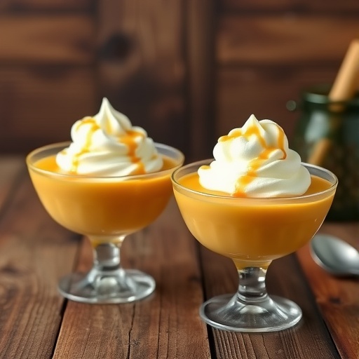 Creamy butterscotch budino topped with whipped cream in glass cups on a wooden table.